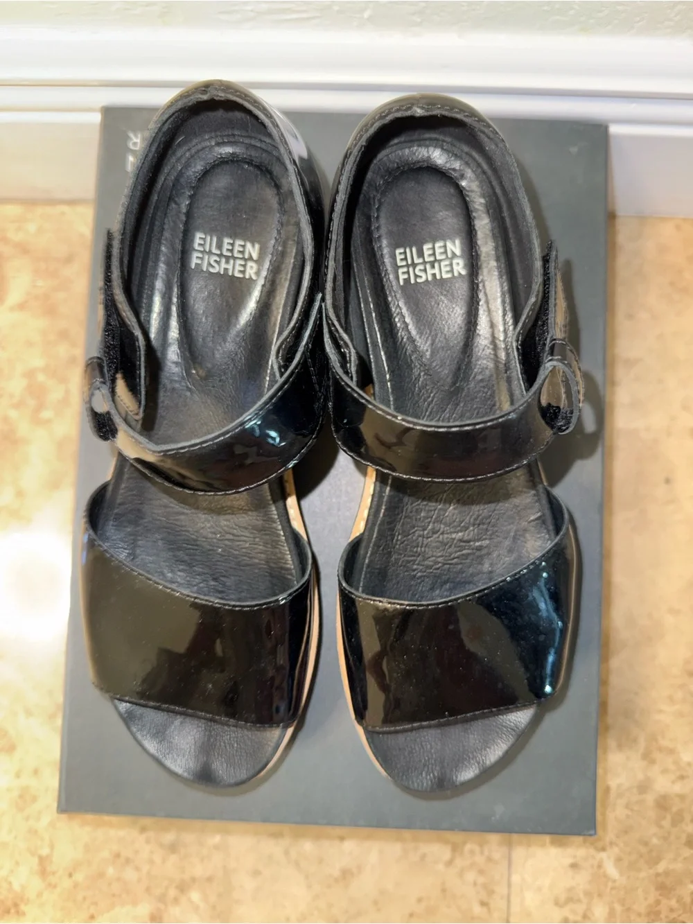 Eileen Fisher Black Patent Platform Sandals with Red Accent